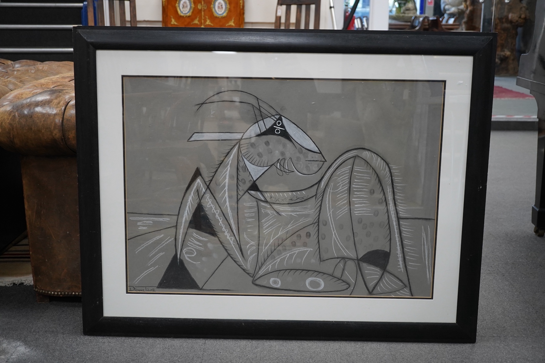 Diennet, charcoal and chalk, Cubist study of a gazelle, signed and numbered 202, 58 x 82cm. Condition - fair to good